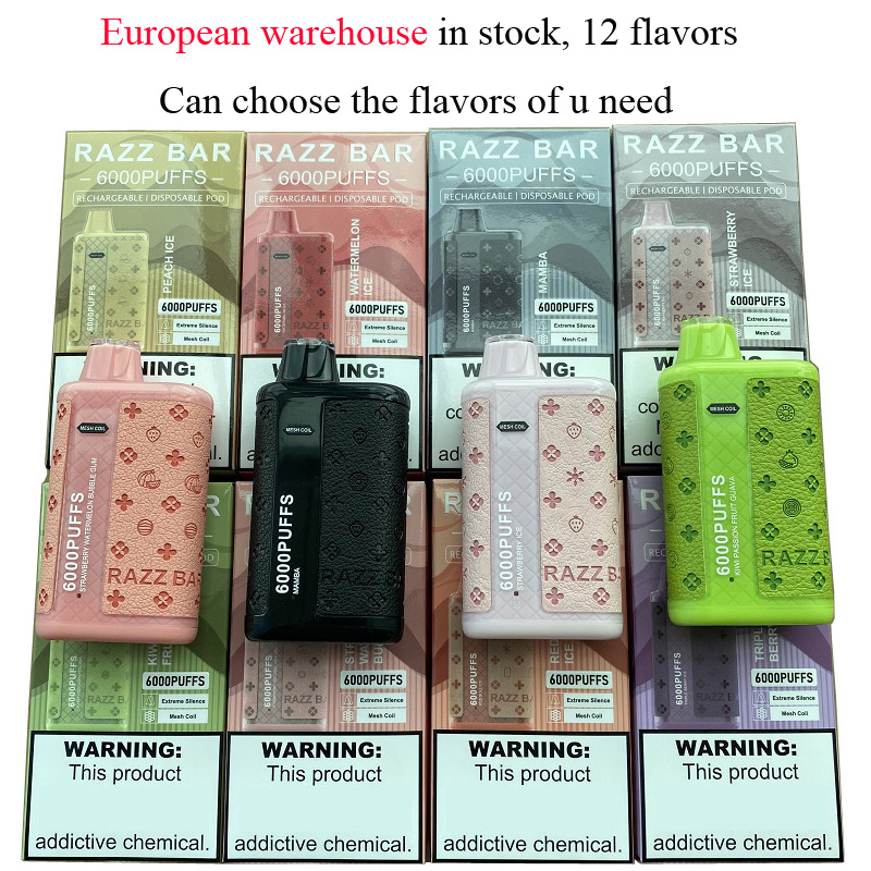 RAZZ BAR 6000 PUFFS Disposable cigarette rechargeable Vape Pen With 550mAh Battery 14ml Cartridge 6K Puffs Bars Vapor device 12 flavors European warehouse ship out
RAZZ BAR 6000 PUFFS Disposable cigarette rechargeable Vape Pen With 550mAh Battery 14ml Cartridge 6K Puffs Bars Vapor device 12 flavors European warehouse ship out