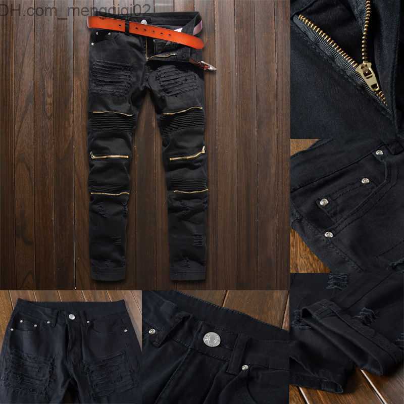 Men's Jeans Trendy Mens Destroyed Ripped Jeans Black White Red Fashion College Boys Skinny Runway Straight Zipper Denim Pants Jean Z230711