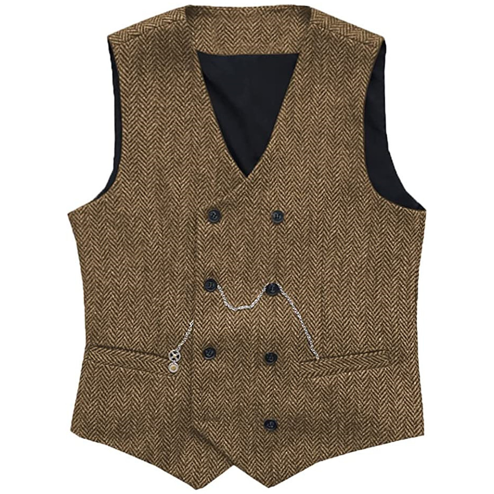 Men's Vests V Neck Suit Herringbone Wool Tweed Double Breasted Waistcoat Tuxedo Groomsmen For Wedding 230705
