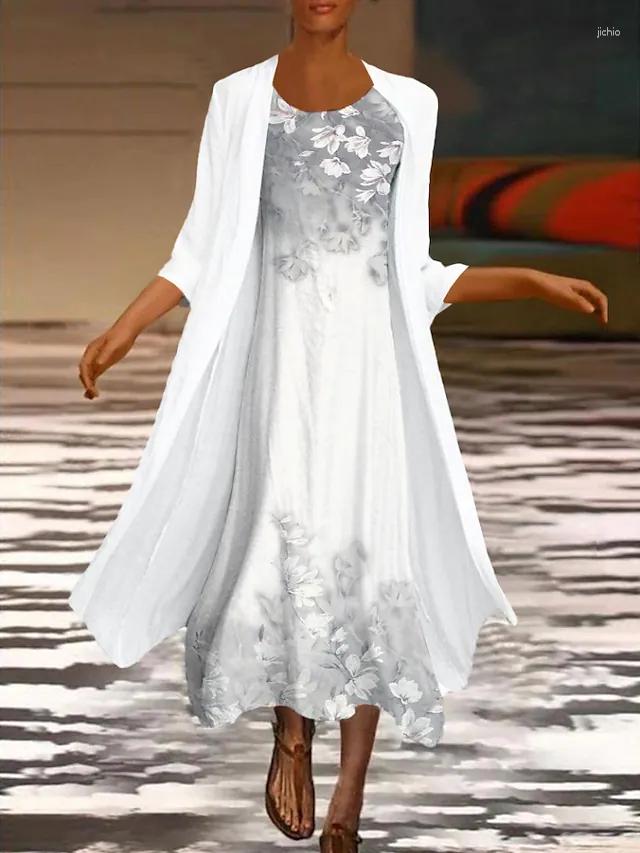 Casual Dresses Harajuku Vintage Robe Fashion Even Dress Half Sleeves Elegant Spring Chiffon Cardigan Shawl Two Piece Suit Women Printed