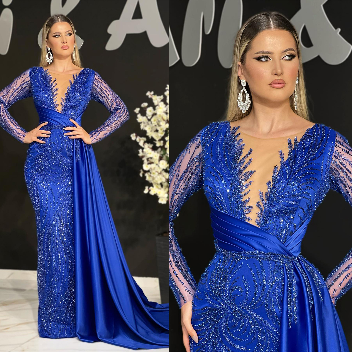 Sexy Blue Beads Evening Gown Elegant V Neck Full Length Mermaid Dresses Illusion Sequined Lace Prom Dress Formal