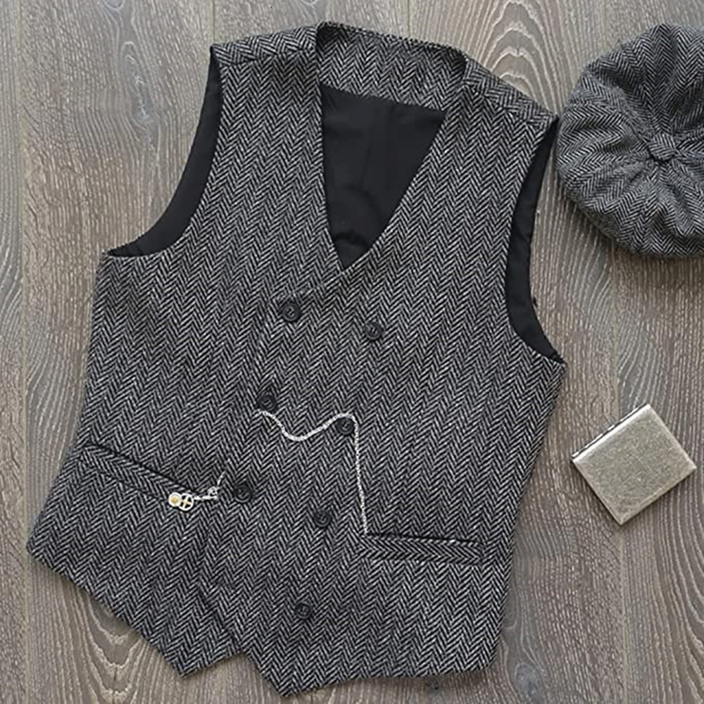 Men's Vests V Neck Suit Herringbone Wool Tweed Double Breasted Waistcoat Tuxedo Groomsmen For Wedding 230705
