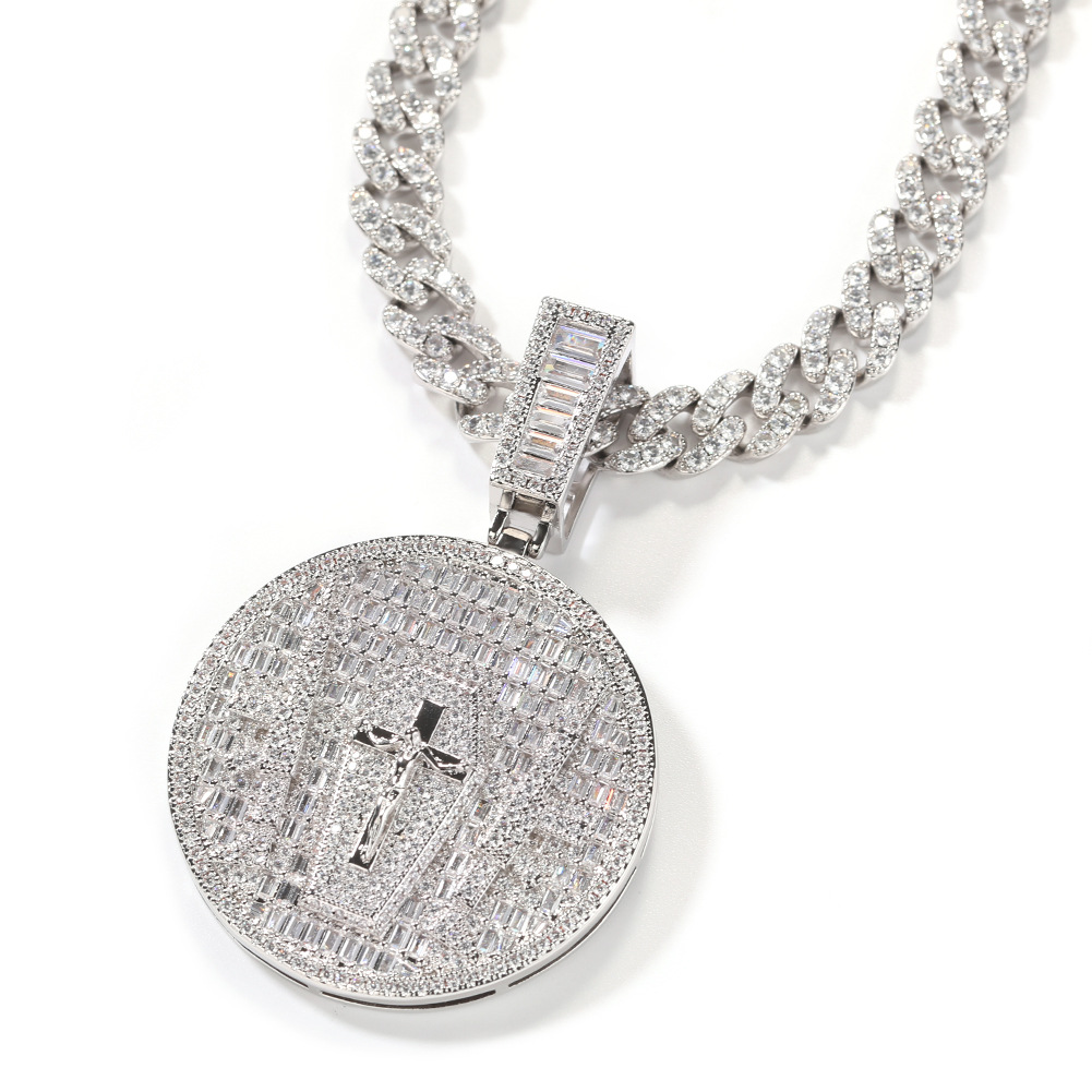 Hip Hop Jesus Cross Pattern Pendants Necklace TopBling White 5A Zircon Religious Jewelry