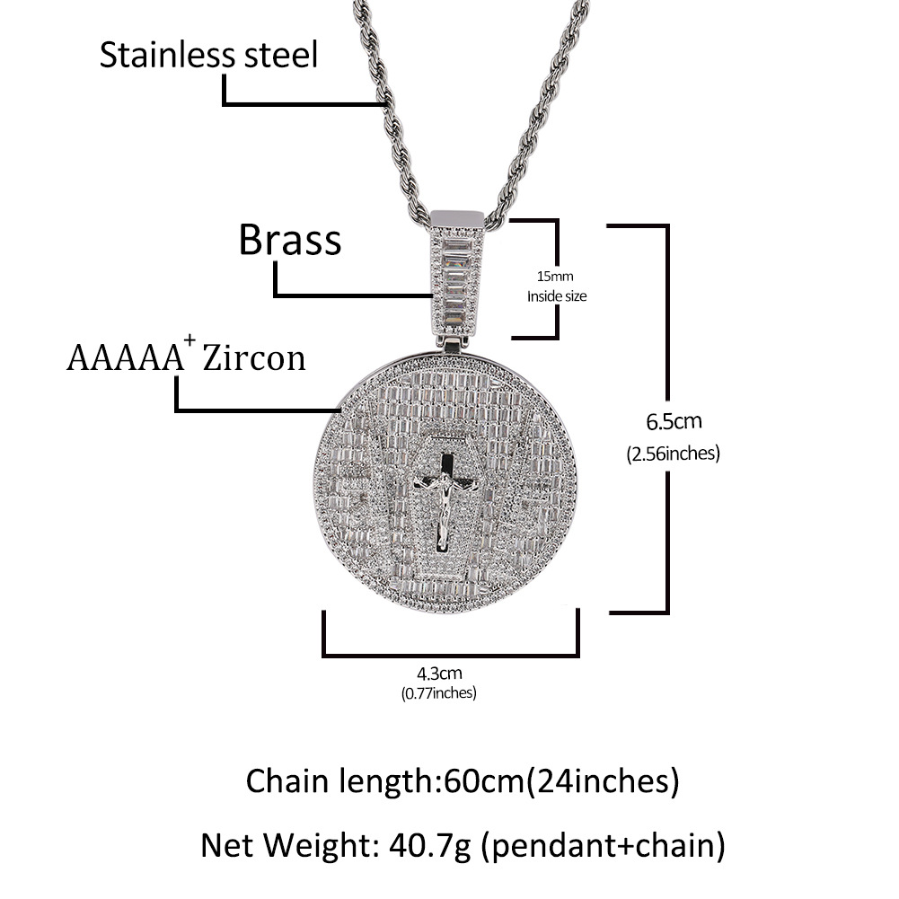 Hip Hop Jesus Cross Pattern Pendants Necklace TopBling White 5A Zircon Religious Jewelry