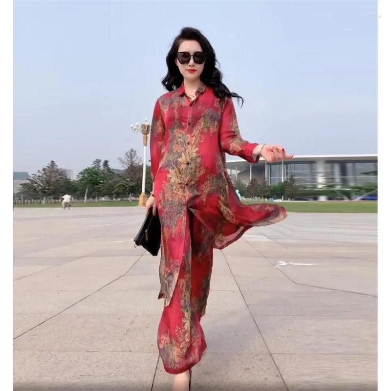 Women's Two Piece Pants 5XL Summer Sets Large Silk Wide Leg Trouser Set Spring 2023 Print Fashion Slim Female Elegant