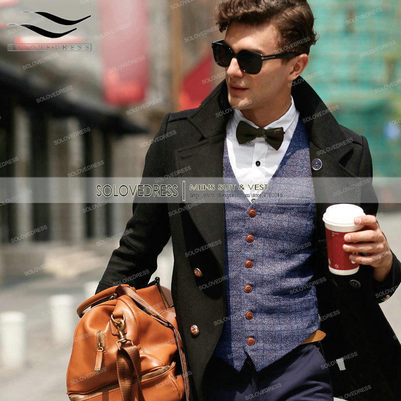 Men's Vests Brown Check Tweed Waistcoat Men'S Vest Casual Suit Vneck Collarless Wool Herringbone for Wedding Groomsmen 230705