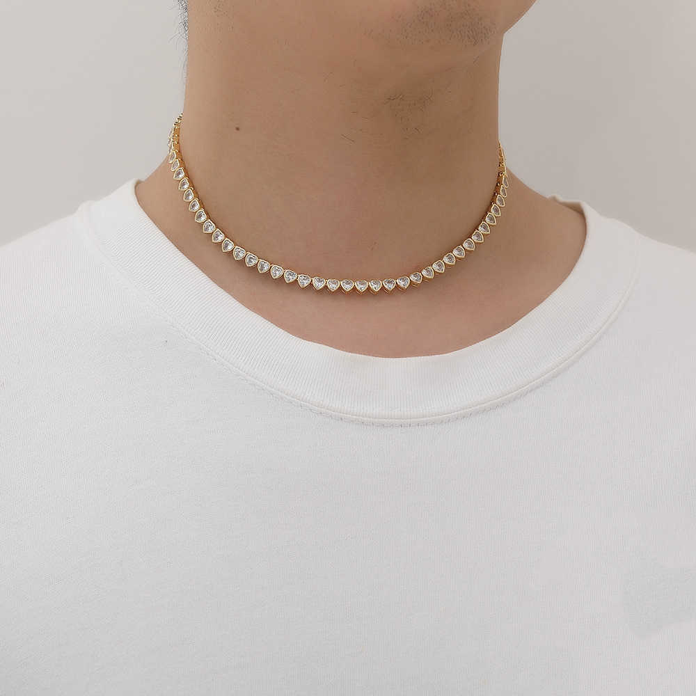 Hip Hop Heart Shaped Tennis Chain Necklace Couple Folding Fashion Copper Implaid Iced Out Cubic Zircon Chain Choker Cz Stone Necklaces For Men And Wom