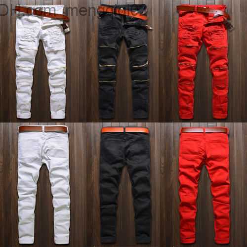 Men's Jeans Trendy Mens Destroyed Ripped Jeans Black White Red Fashion College Boys Skinny Runway Straight Zipper Denim Pants Jean Z230711