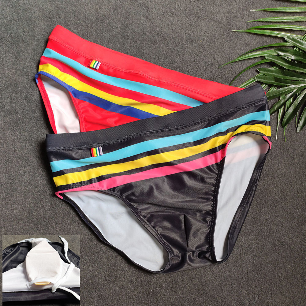Men's Swimwear Sexy rainbow stripe swimsuit men's Pushup pad bikini beach surfing 230705