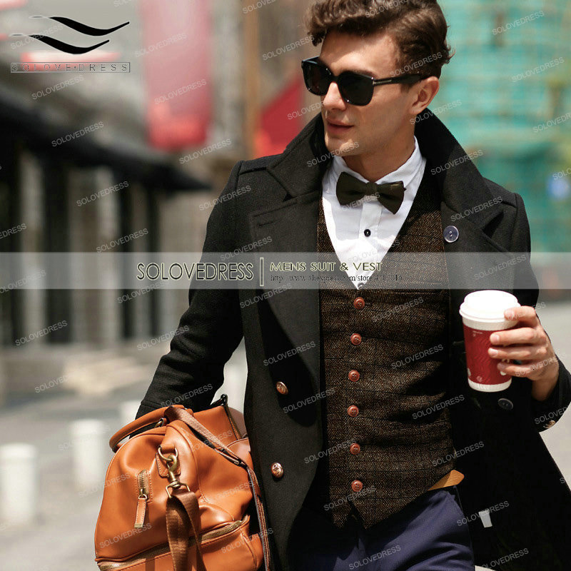 Men's Vests Brown Check Tweed Waistcoat Men'S Vest Casual Suit Vneck Collarless Wool Herringbone for Wedding Groomsmen 230705