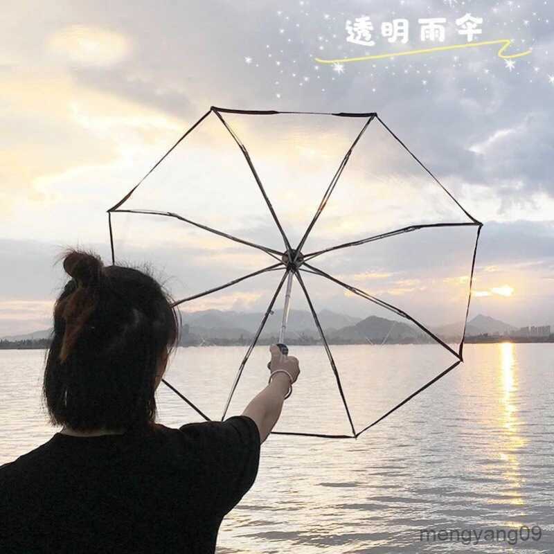 Umbrellas Transparent umbrella girl small fresh forest student sun umbrella net red folding transparent L260524
