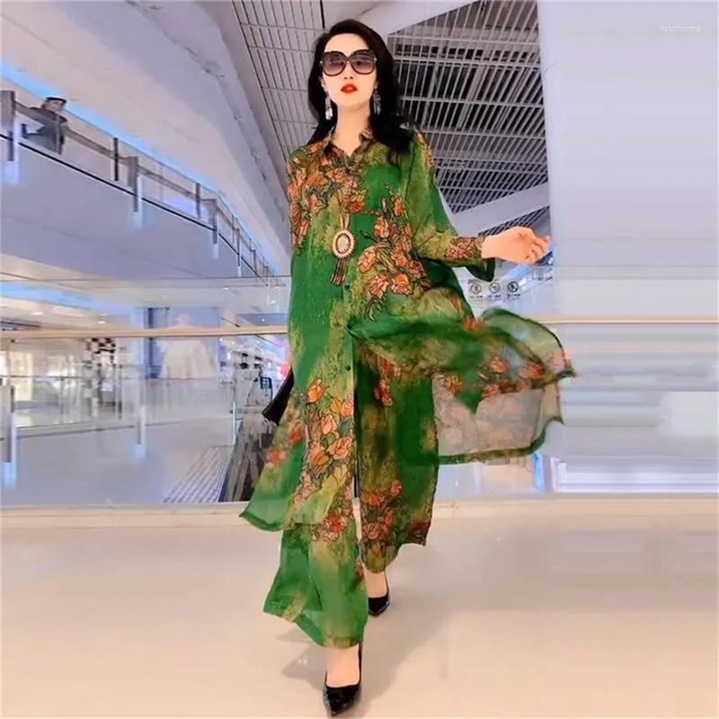 Women's Two Piece Pants 5XL Summer Sets Large Silk Wide Leg Trouser Set Spring 2023 Print Fashion Slim Female Elegant