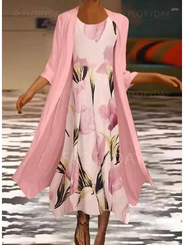 Casual Dresses Harajuku Vintage Robe Fashion Even Dress Half Sleeves Elegant Spring Chiffon Cardigan Shawl Two Piece Suit Women Printed