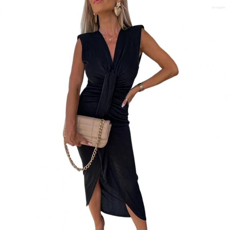 Casual Dresses Hem Gown Dress Streetwear V-neck Sleeveless Solid Color Hip Wrapped Evening ladies Pleated Asymmetrical