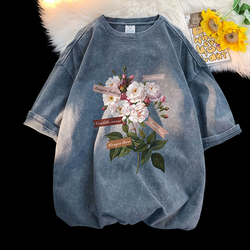 Mens TShirts Vintage Flowers Graphic Print Tshirt Gothic 100% Cotton Men Tshirts Washed Short Sleeved Man Tops Round Neck Male Tee Shirts 230705