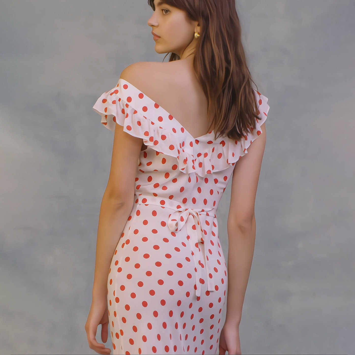 2023 Spring Summer New Women's Chiffon Ruffle Edge Long Dress Red Wave Dot Print Dress