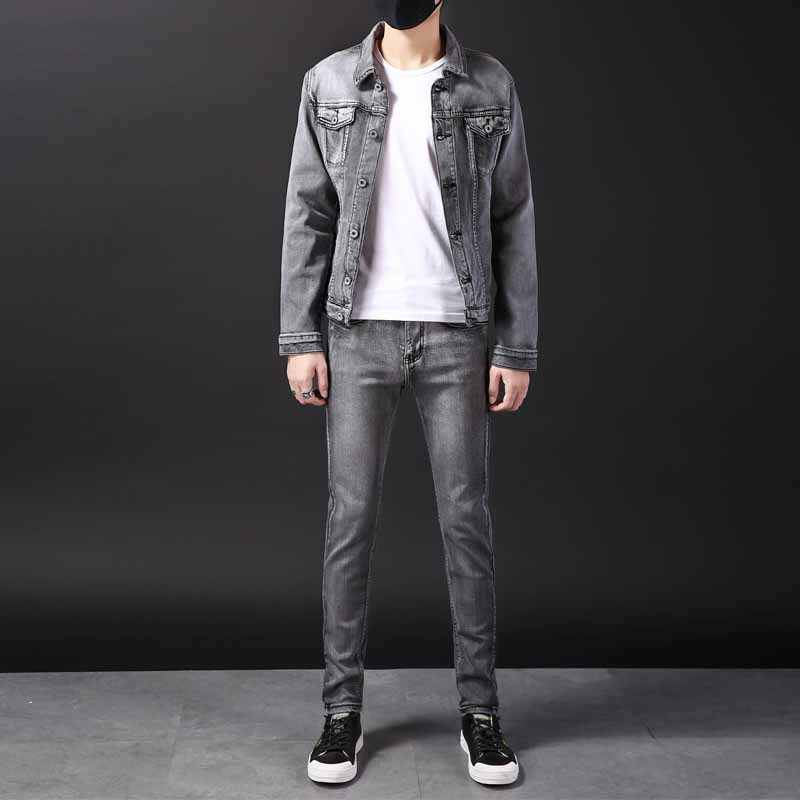 Business Casual 2pcs Men's Pant Sets Simple Design Long Sleeve Denim Jacket and Jeans Spring Autumn Slim-fit Stretch Male Clothing