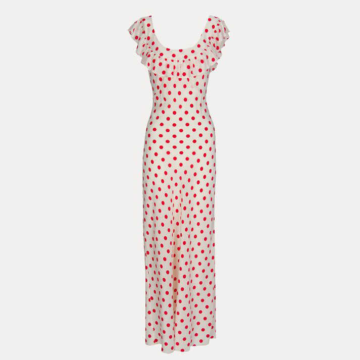 2023 Spring Summer New Women's Chiffon Ruffle Edge Long Dress Red Wave Dot Print Dress