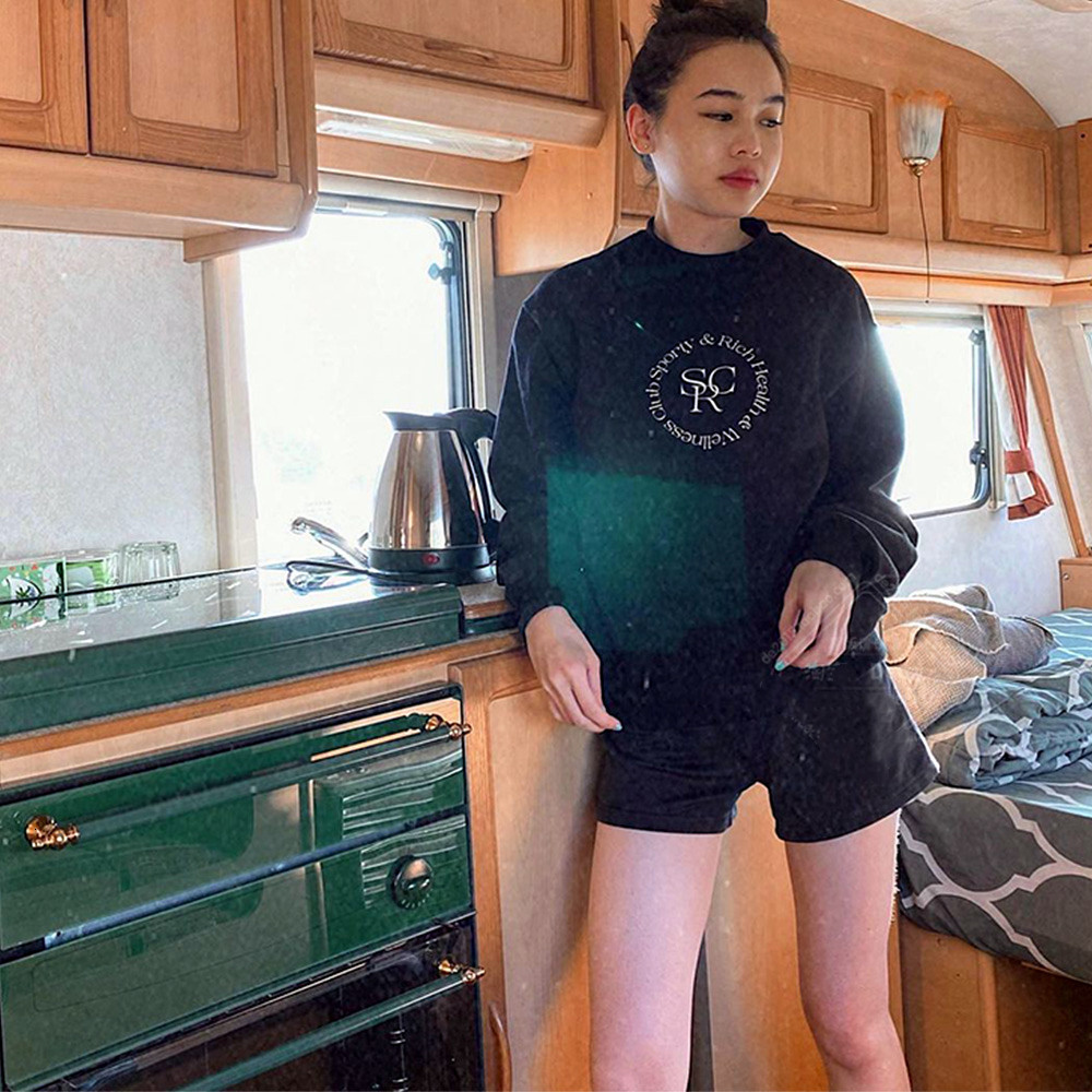 Womens Hoodies Sweatshirts Sport Make You Health and Rich Vintage Style Women Black Sweatshirts Crewneck Loose Cotton Thick Pullover Autumn Warm Jumpe