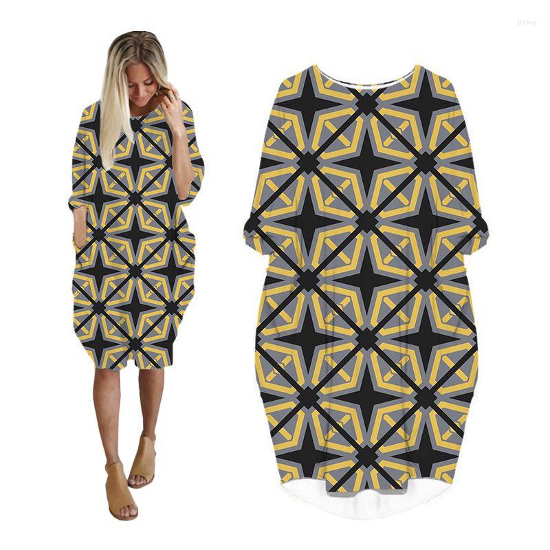 Casual Dresses For Women Geometric Plus Size Long Sleeve Fashion Grunge Woman Clothes Streetwear Oversized Ladies Clothing Female Dress