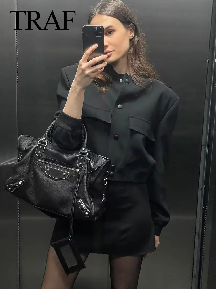 Women's Jackets TRAF Vintage Solid Long Sleeve Bomber Jacket Spring Women Casual Coats Streetwear Female Elegant Lapel Zipper Jakcet 230705