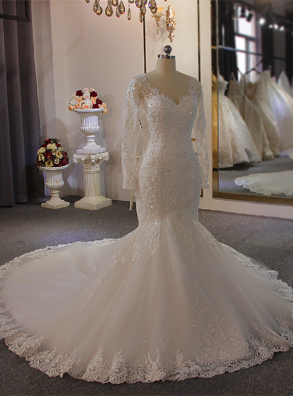 Illusion Long Sleeve Mermaid Gillter Wedding Dresses Sheer O-neck Applique Beaded Lace-up Chapel Train Bridal Gown abito da sposa