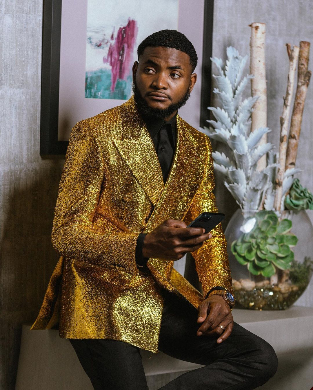 Men's Suits Blazers Gold Suit 2 Pieces Blazer Black Pants One Button ed Lapel Business Slim Fit Formal Host Wedding Groom Costume Homme 230705