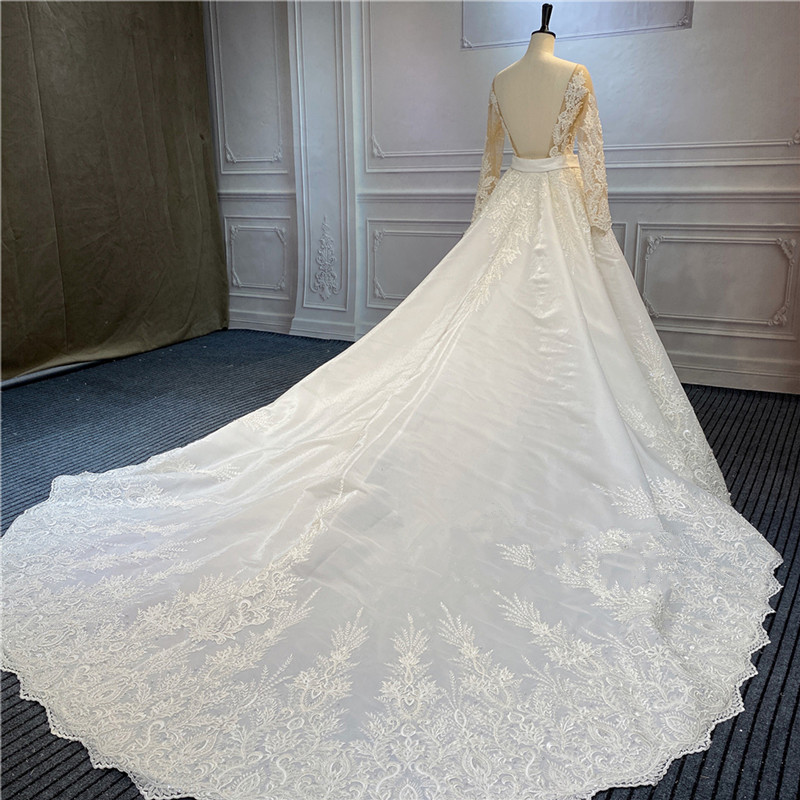 Mermaid illusion Long Sleeve floral Wedding Dresses with detachable train lace applique backless princess royal bridal gown