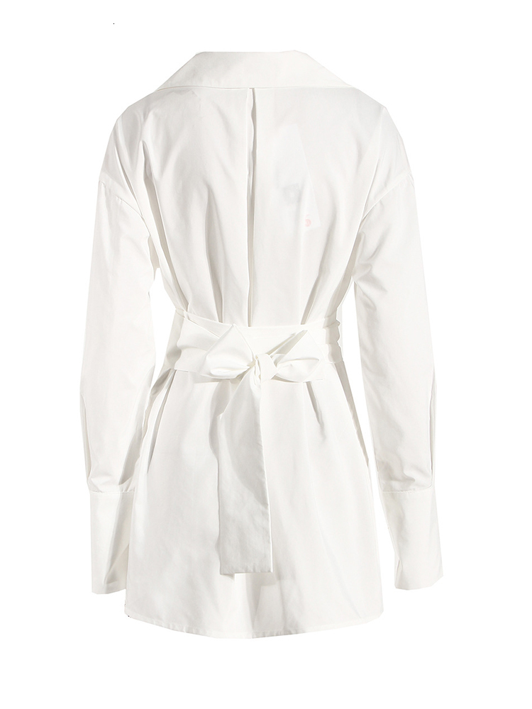 Basic Casual Dresses EAM Women White Irregular Bandage Slit Shirt Dress VNeck Long Sleeve Loose Fit Fashion Spring Autumn 1DE9884 230705