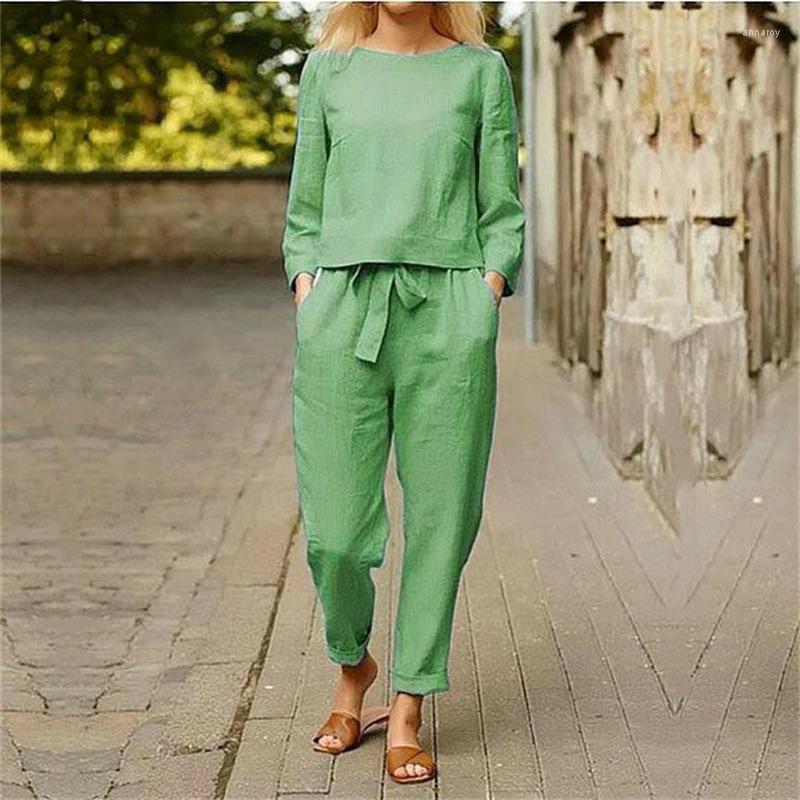 Womens Two Piece Pants Women Autumn Cotton Linen Suit Elegant Casual Solid O Neck Long Sleeve Set Vintage Pocket Harajuku Loose Suits