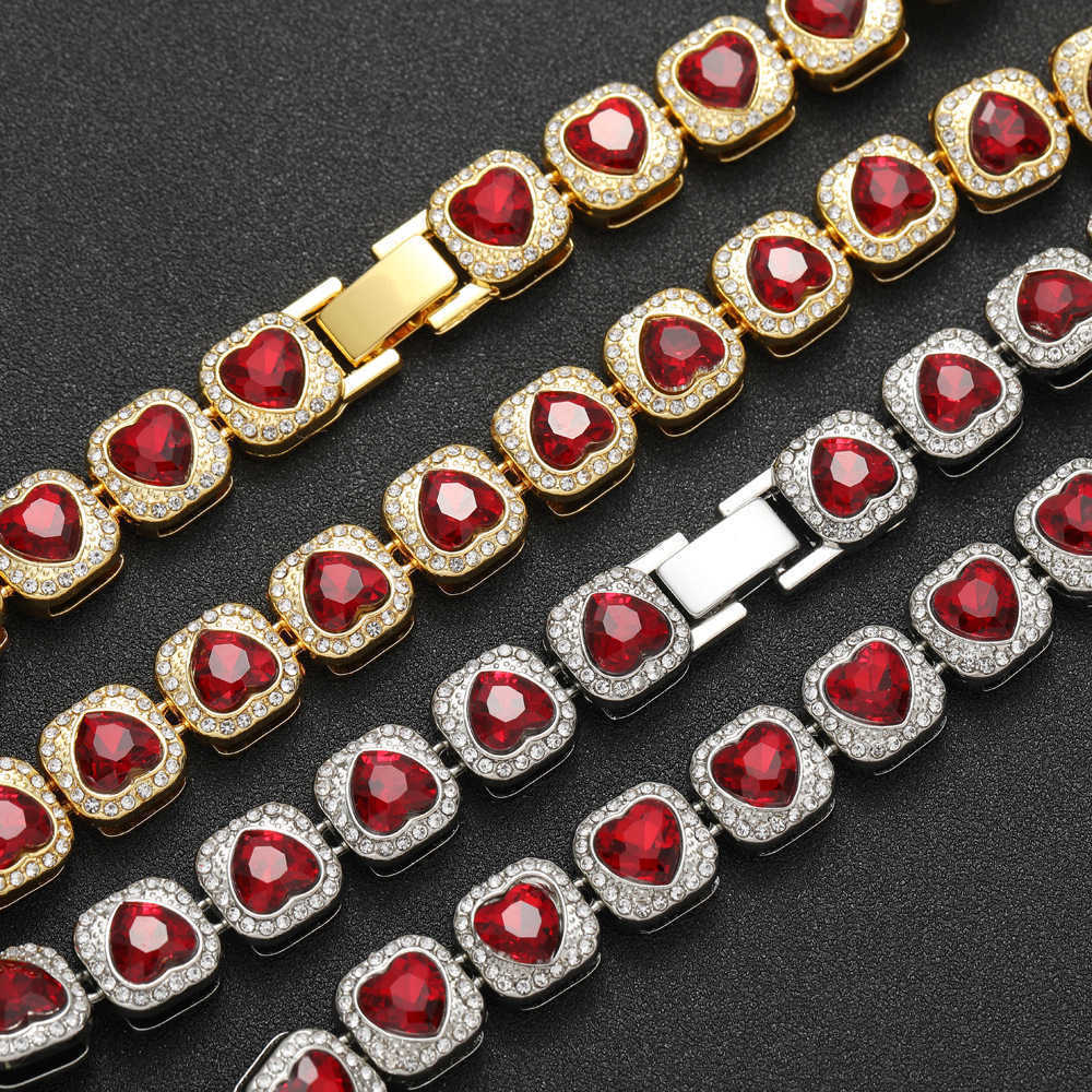 13mm Gzw Hip Hop New Rock Candy Necklace Red Heart Shaped Necklace Choker Bracelet Mens And Womens Alloy Full Diamond Rock Candy Chains Wolf Tide Jewe