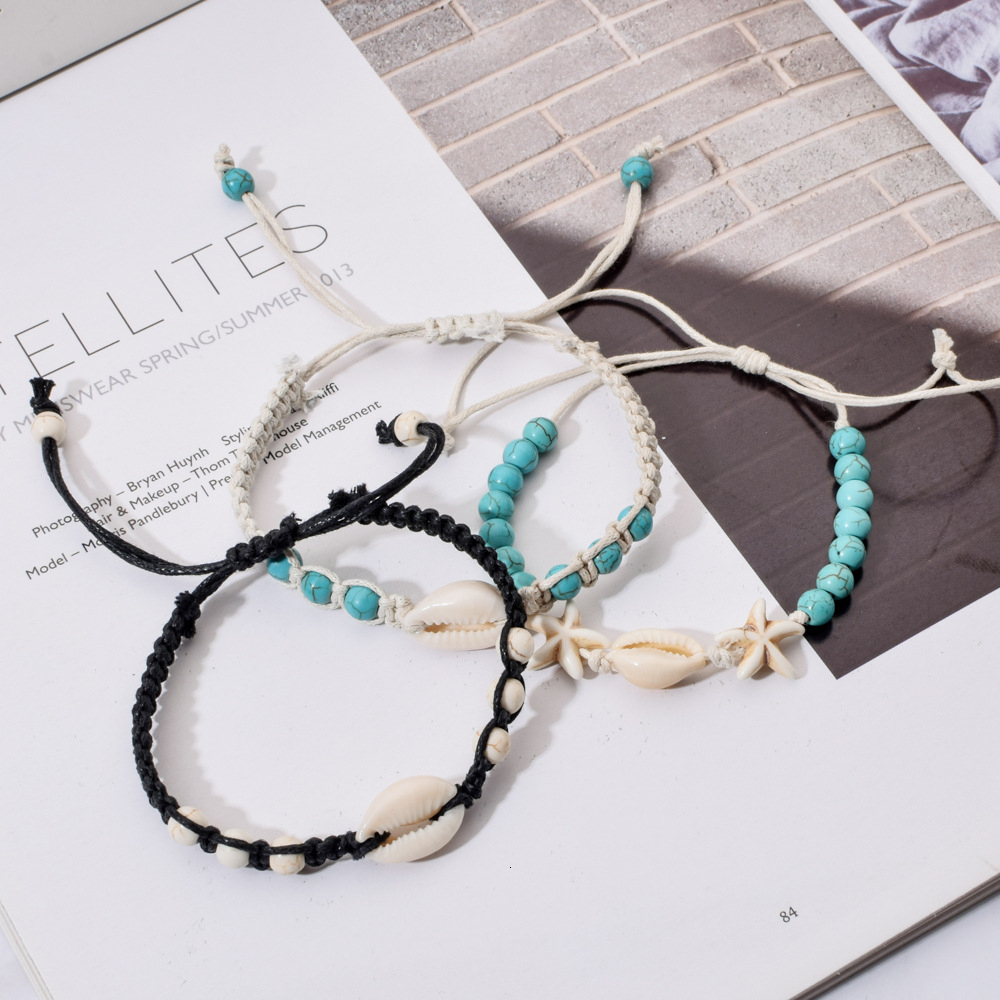 Chain Summer Starfish Shell Woven Bracelet Unisex Adjustable Wax Rope Turquoise Beaded Anklet Bracelet Women Men Boho Beach Jewelry 230706
