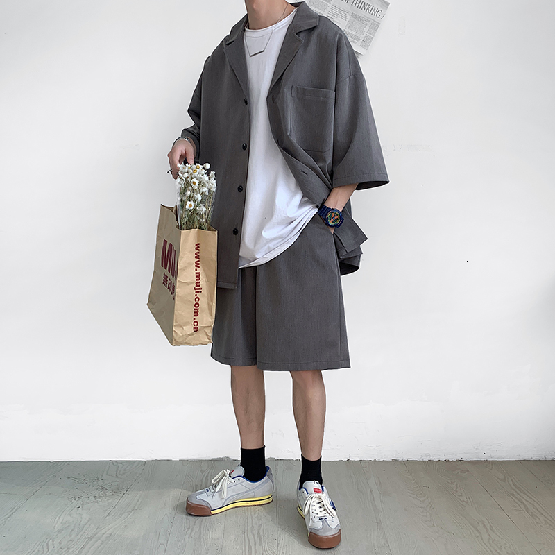 Men's Tracksuits Korean men's set jacket and short sleeved pure thin top match bottom summer fashion oversized clothing 230705
