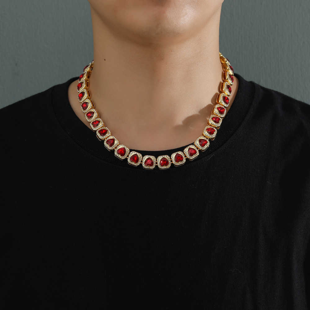 13mm Gzw Hip Hop New Rock Candy Necklace Red Heart Shaped Necklace Choker Bracelet Mens And Womens Alloy Full Diamond Rock Candy Chains Wolf Tide Jewe