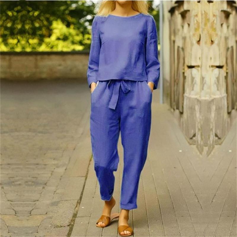 Womens Two Piece Pants Women Autumn Cotton Linen Suit Elegant Casual Solid O Neck Long Sleeve Set Vintage Pocket Harajuku Loose Suits