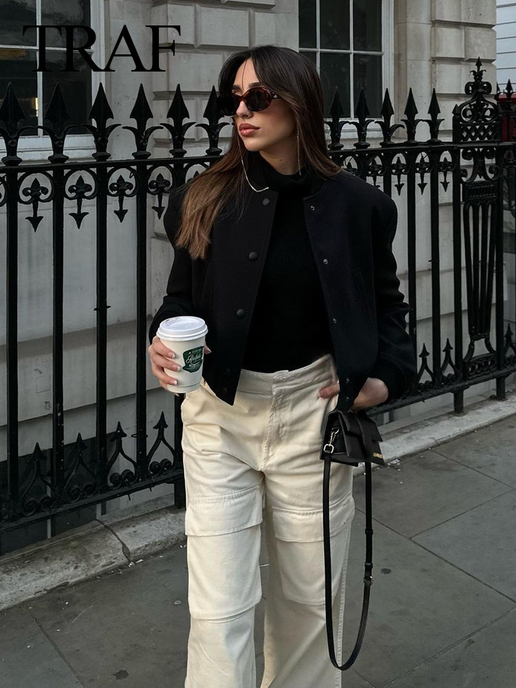 Women's Jackets TRAF Vintage Solid Long Sleeve Bomber Jacket Spring Women Casual Coats Streetwear Female Elegant Lapel Zipper Jakcet 230705