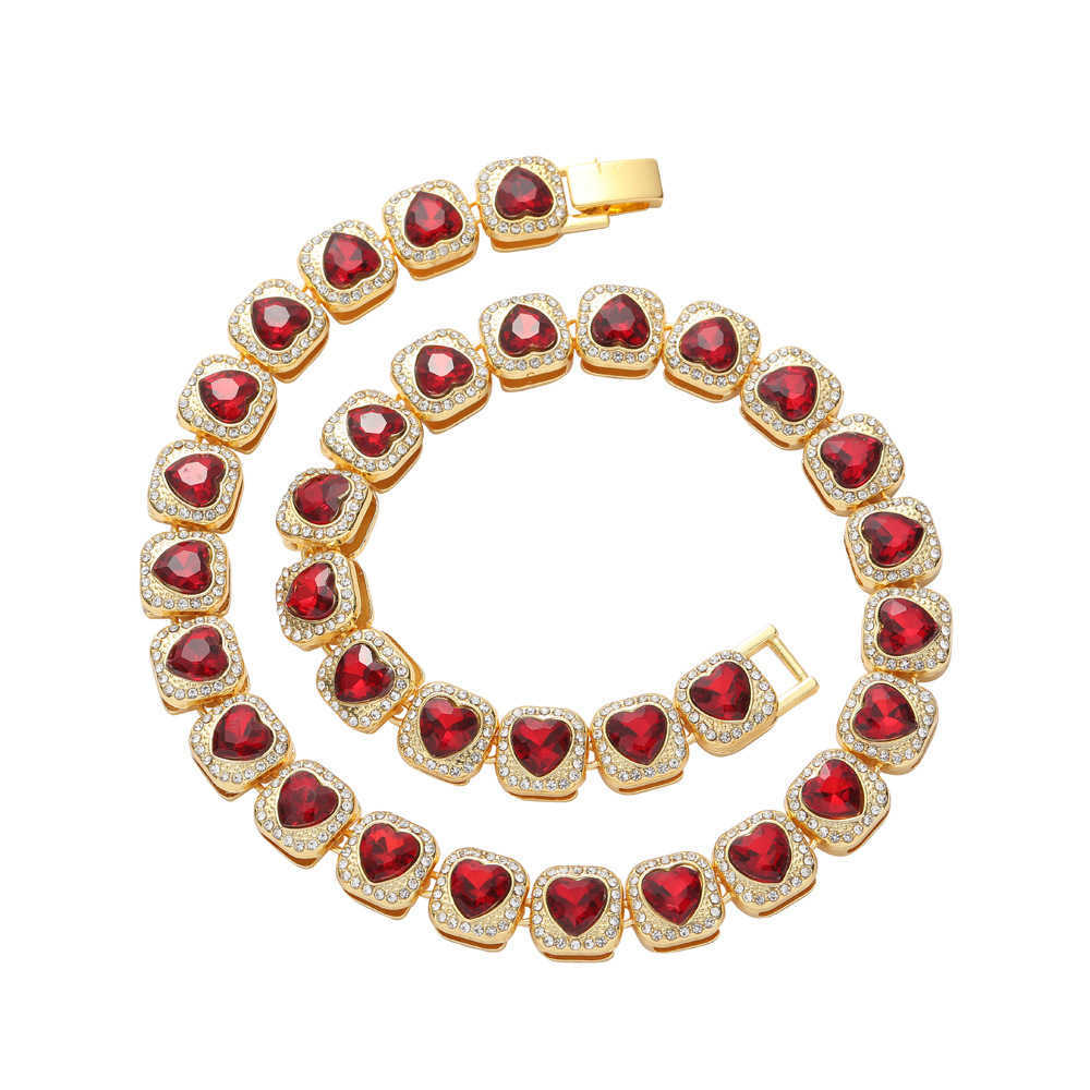 13mm Gzw Hip Hop New Rock Candy Necklace Red Heart Shaped Necklace Choker Bracelet Mens And Womens Alloy Full Diamond Rock Candy Chains Wolf Tide Jewe