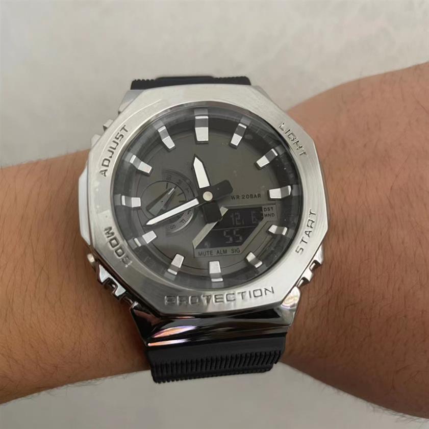 Iced Out Watch 18 Colors Waterproof Men's Sports Quartz 2100 Watch Full Feature LED Automatic Hand Raise Light World Time Oak Collection box