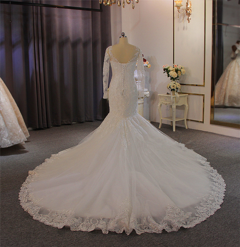 Illusion Long Sleeve Mermaid Gillter Wedding Dresses Sheer O-neck Applique Beaded Lace-up Chapel Train Bridal Gown abito da sposa