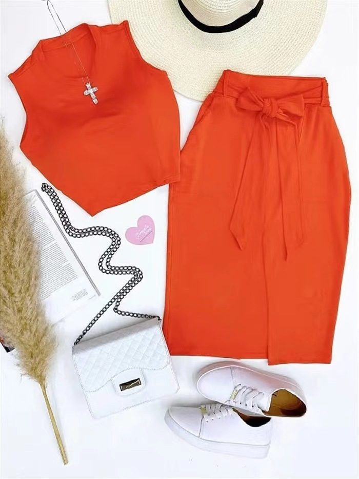 Two Piece Dress Tow Piceses Outfits for Women Fashion Solid Color Sleeveless Crop Tops Casual Belt Skirt Set Streetwear Female Clothing 230705