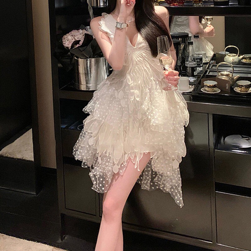 Womens V-neck 3D feather wing patched lace slim waist asymmetric ball gown dress SMLXL