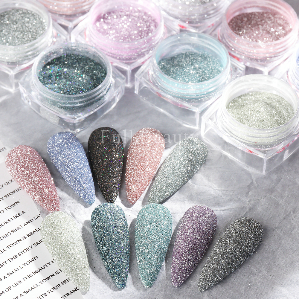 Nail Glitter 1Box Thermal Nail Dipping Powder Reflective Glitter Sparkle Silver Pigment Sugar Sand Coating Diamonds Manicure GLWBF 230705