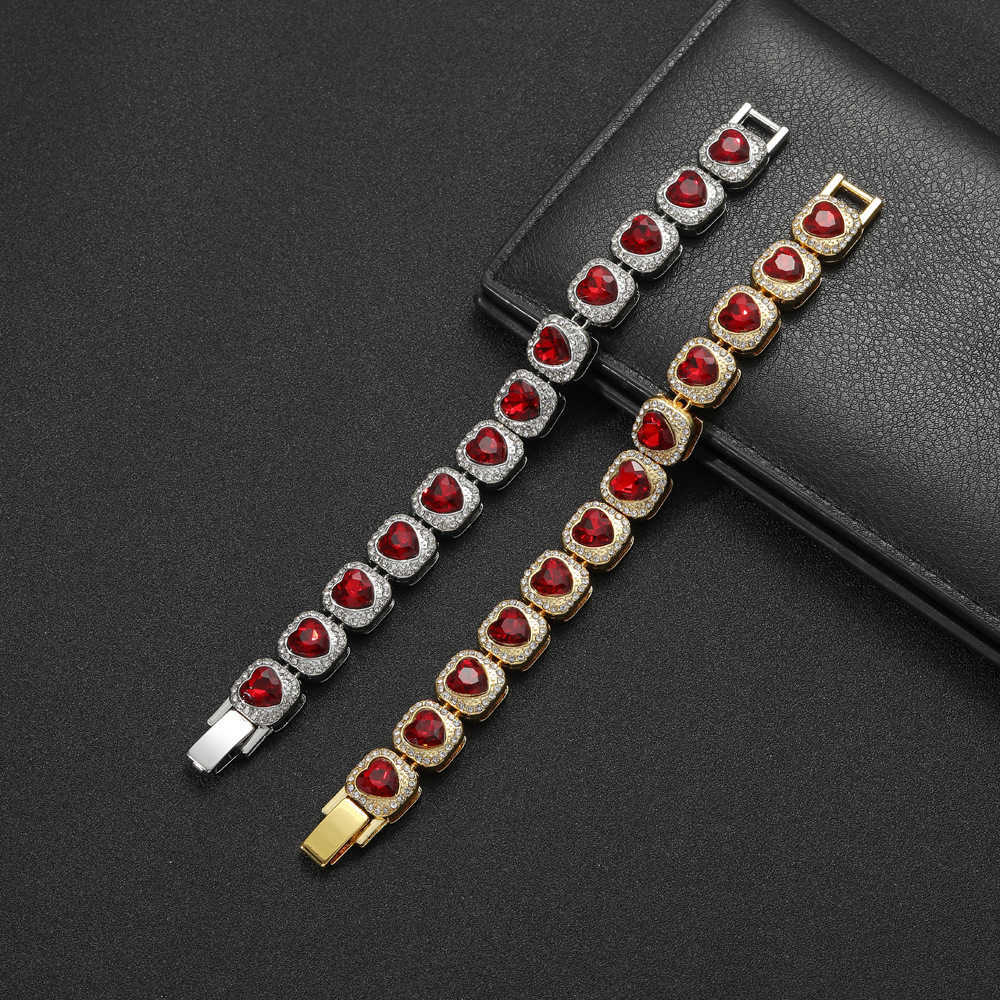 13mm Gzw Hip Hop New Rock Candy Necklace Red Heart Shaped Necklace Choker Bracelet Mens And Womens Alloy Full Diamond Rock Candy Chains Wolf Tide Jewe