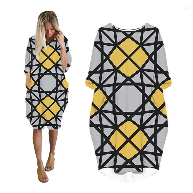 Casual Dresses For Women Geometric Plus Size Long Sleeve Fashion Grunge Woman Clothes Streetwear Oversized Ladies Clothing Female Dress