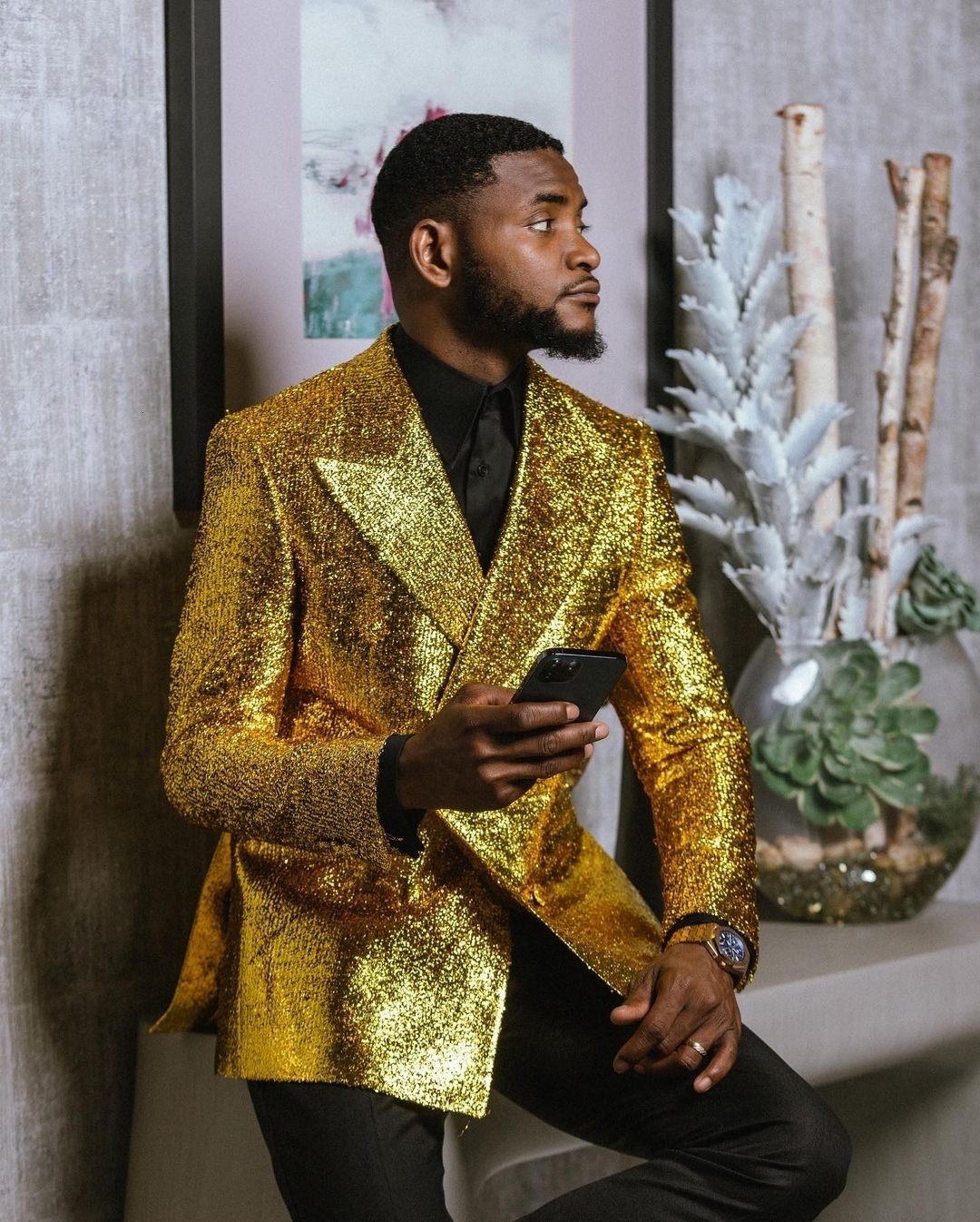 Men's Suits Blazers Gold Suit 2 Pieces Blazer Black Pants One Button ed Lapel Business Slim Fit Formal Host Wedding Groom Costume Homme 230705