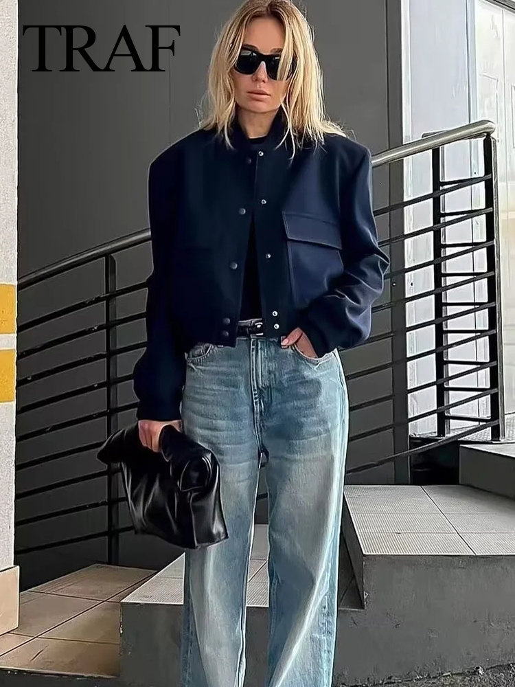 Women's Jackets TRAF Vintage Solid Long Sleeve Bomber Jacket Spring Women Casual Coats Streetwear Female Elegant Lapel Zipper Jakcet 230705
