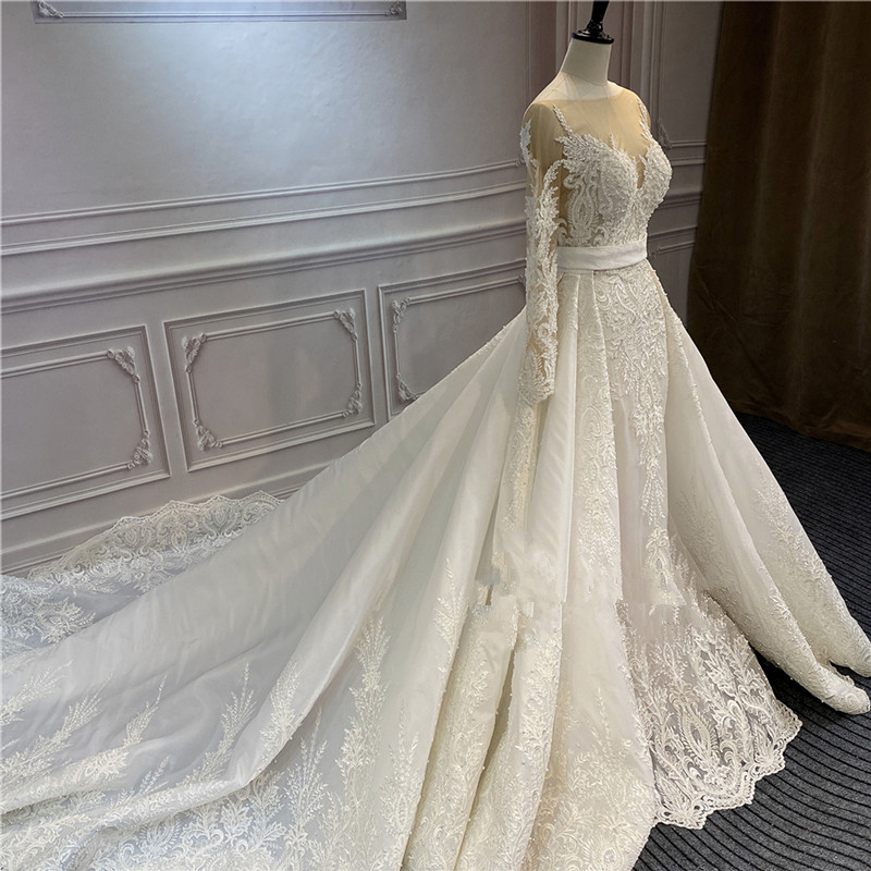 Mermaid illusion Long Sleeve floral Wedding Dresses with detachable train lace applique backless princess royal bridal gown