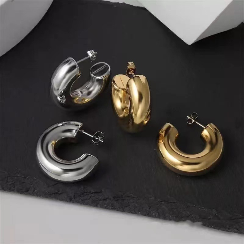 Stud Vintage Round Circle Open Chunky Hoop Earrings for Women Gold Plated Smooth Thick Tube Stainless Steel Earrings Fashion Jewelry 230706