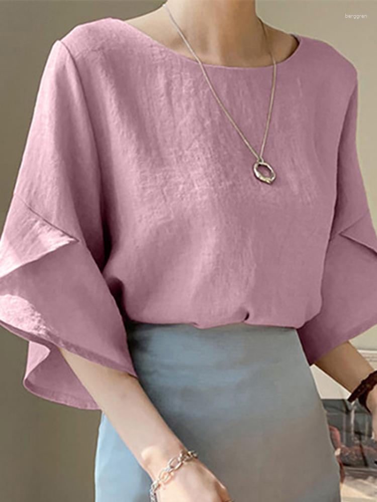 Women's Casual Solid Color Flare Sleeve Blouse Tops For Summer - Polyester, Round Neck, Casual, Loose Fit, Bohemian Style