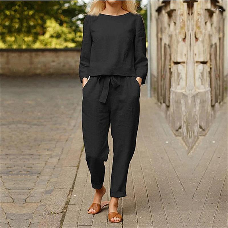 Womens Two Piece Pants Women Autumn Cotton Linen Suit Elegant Casual Solid O Neck Long Sleeve Set Vintage Pocket Harajuku Loose Suits